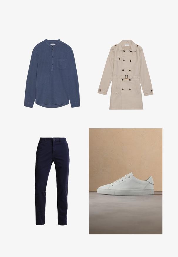 Beige trenchcoat med dobbelt række, store mørke knapper, talje med bælte, skulderlapper og to frontlommer.; Langærmet, mørkeblå skjorte lavet af blødt stof, med et mandarin-krave, knaplukning og en enkelt brystlomme.; Navyblå chinos lavet af en bomuldsblanding, med en lige ben-design, foran lommer, en lynlås lukning og en enkelt knap i taljen.; Hvid læderlav-top sneaker med snørebånd, placeret i luften over et struktureret beige tæppe, tæt på et rundt træ sofabord med bøger.