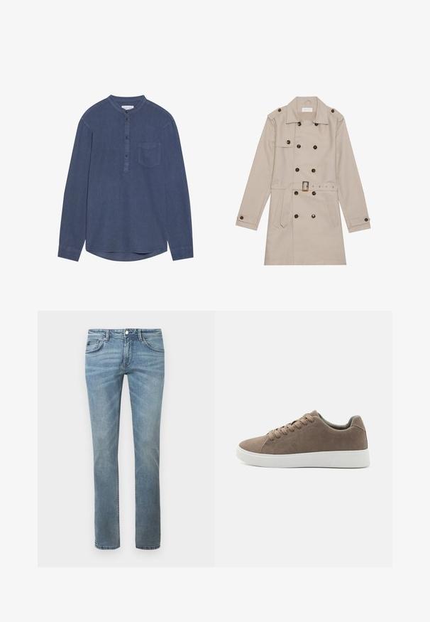Manteau beige à double boutonnage, grandes boutons foncés, taille ceinturée, épaulettes et deux poches frontales.; Chemise à manches longues, bleu foncé, en tissu doux, dotée d'un col mandarin, d'une patte de boutonnage et d'une poche poitrine unique.; Jean en denimb de couleur bleu clair avec une coupe droite. Comprend des poches standard, des passants de ceinture et un léger effet dégradé.; Baskets en daim marron avec des semelles en caoutchouc blanc plat, design lacé, bout rond et texture lisse. Style minimaliste avec des détails de couture subtils.