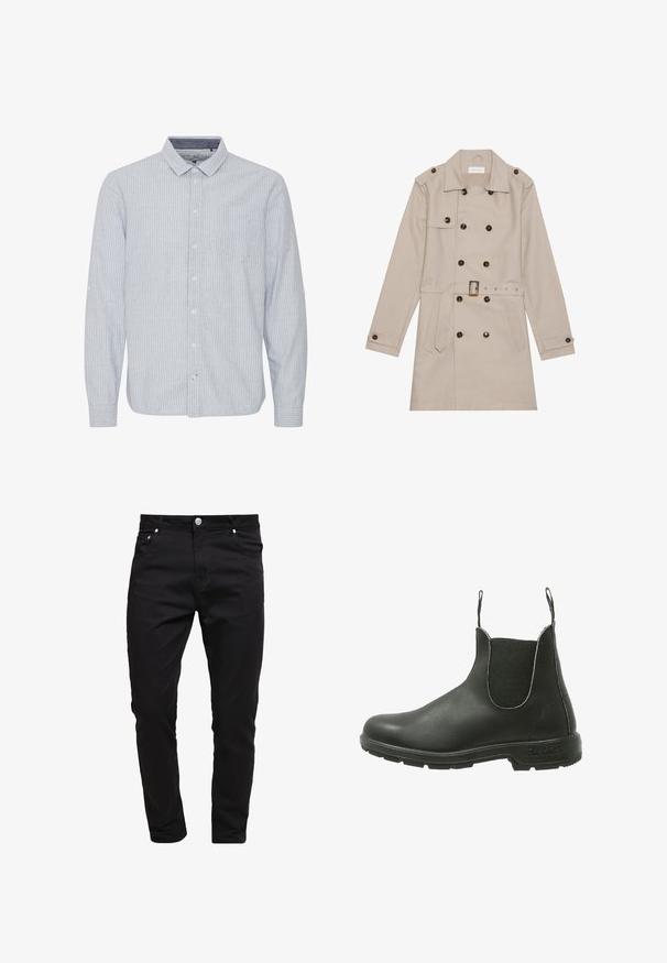 Manteau beige à double boutonnage, grandes boutons foncés, taille ceinturée, épaulettes et deux poches frontales.; Chemise bleu clair à manches longues avec des rayures verticales blanches, col, poche poitrine simple et option de manches retroussées. Tissu en coton.; Jean noir en tissu denim, design slim fit, style à cinq poches, fermeture à bouton métallique, avec des détails de couture et une texture lisse.; Bottine Chelsea en cuir noir avec des panneaux latéraux élastiques, un bout rond et une semelle en caoutchouc texturé, conçue pour un enfilage facile.