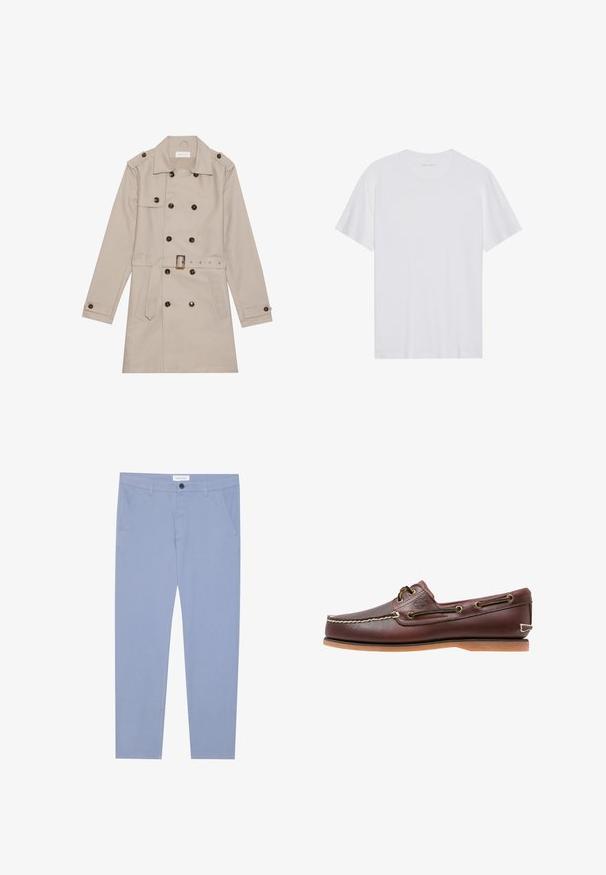 Beige trenchcoat med dobbelt række, store mørke knapper, talje med bælte, skulderlapper og to frontlommer.; Hvid bomulds T-shirt med korte ærmer, rund hals og en glat tekstur. Har minimal branding på halsudskæringen.; Lyseblå chinos lavet af blødt stof, med to forlommer og knaplukning. Straight-leg design med rene linjer.; Brun læder bådsko med hvide sømme, snøre detaljer og lysbrun gummisål, vist fra siden på hvid baggrund.