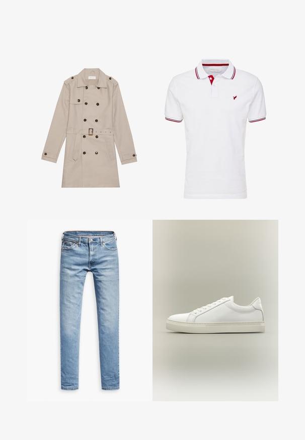 Beige trenchcoat med dobbelt række, store mørke knapper, talje med bælte, skulderlapper og to frontlommer.; Hvid polo T-shirt med rød og marineblå kant på kraven og ærmerne. Har et lille rødt fuglelogo på venstre bryst. Fremstillet af bomuldsstof.; Lyseblå denimbukser, lige pasform, fem-lomme design, med lynlås og knaplukning. Glat tekstur med subtile falmede detaljer.; Hvid lavtop sneaker med snørebånd foran og tyk sål, vist fra siden mod en neutral baggrund.