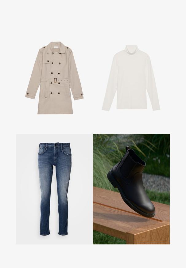 Beige Trenchcoat mit doppelreihigem Design, großen dunklen Knöpfen, tailliertem Gürtel, Schulterklappen und zwei vorderen Taschen.; Langarm-Turtleneck-Oberteil in Weiß. Weicher, dehnbarer Stoff mit einer engen Passform. Verfügt über einen hohen Kragen und minimale Nahttäuschungen.; Antony Morato KURT COMFORT - Jeans Tapered Fit - blue denim; Schwarzer Leder-Stiefelette mit elastischen Seitenteilen, rundem Zehenbereich und einer strukturierten Gummisohle, schwebt über einem Holztisch.