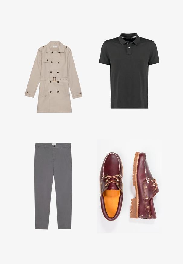 Beige trenchcoat met een dubbelzijdig ontwerp, grote donkere knopen, een ceintuur in de taille, schouderepauletten en twee vo zakken.; Zwarte poloshirt gemaakt van katoen, met een klassieke kraag, drie knopen en een subtiel gestreept detail bij de nek. Korte mouwen.; Grijze katoenen broeken met een slim fit, voorzien van twee zijzakken, een enkele achterzak en een knoopsluiting aan de taille.; Bordeaux leren schoenen met bruine rubberen zolen, ronde neus, witte stiksels en gouden veterogen. Het interieur heeft een gele voering.