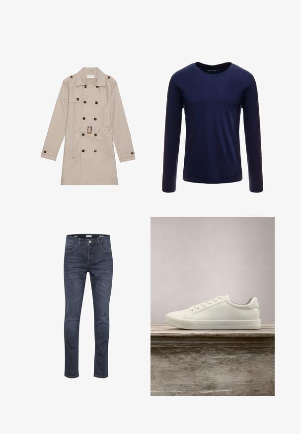 Trench beige con diseño de doble botón, grandes botones oscuros, cintura ceñida con cinturón, hombreras y dos bolsillos frontales.; Camiseta de manga larga color marino hecha de algodón suave, con un clásico cuello redondo y una textura lisa sin patrones ni acentos visibles.; Jeans de denim azul oscuro con un ajuste slim, que cuentan con cinco bolsillos, costuras claras y un clásico cierre con cremallera y botón.; Zapatilla blanca con cordones flotando sobre un banco de madera con follaje verde al fondo, mostrando el diseño y la textura del zapato.