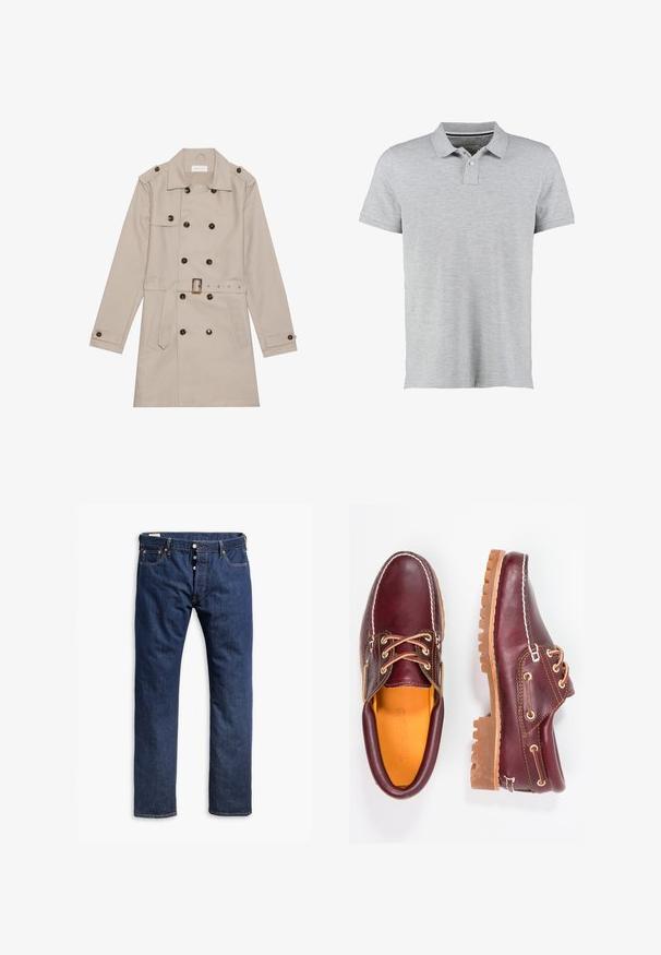 Manteau beige à double boutonnage, grandes boutons foncés, taille ceinturée, épaulettes et deux poches frontales.; Polo gris à manches courtes, en tissu doux, avec un col à côtes subtil et une patte de boutonnage à deux boutons.; Jean en denim bleu foncé avec une coupe droite, des coutures contrastées, une fermeture à boutons et un style à cinq poches.; Chaussures en cuir bourgogne avec semelles en caoutchouc marron, bout rond, couture blanche et œillets dorés. L'intérieur présente une doublure jaune.