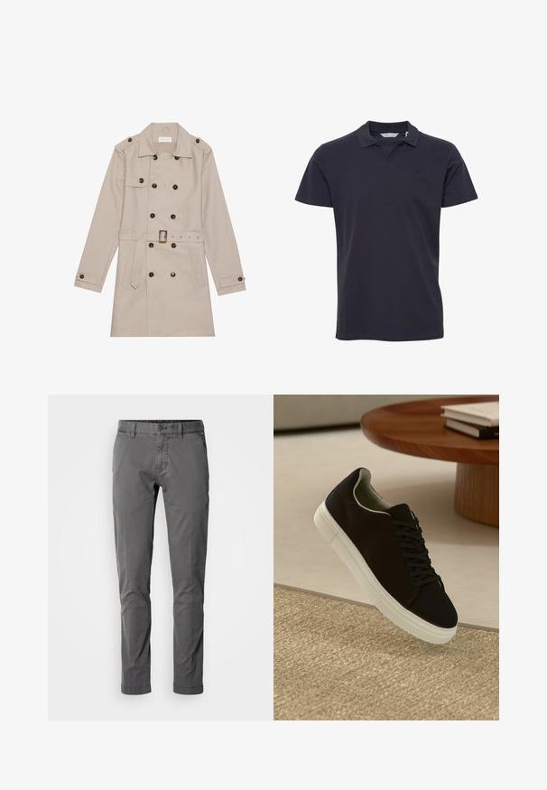 Beige trenchcoat med dobbelt række, store mørke knapper, talje med bælte, skulderlapper og to frontlommer.; Mørkeblå poloshirt lavet af bomuld, med klassisk krave, korte ærmer og et diskret logo på brystet. Glat tekstur.; Slim-fit grå bomuldsbukser med knaplukning, sidelommer og en glat tekstur. Har et klassisk design og skræddersyet silhuet.; Sort sneaker med hvid sål svævende over en beige tekstureret tæppe nær et rundt trætabel med stablede bøger.