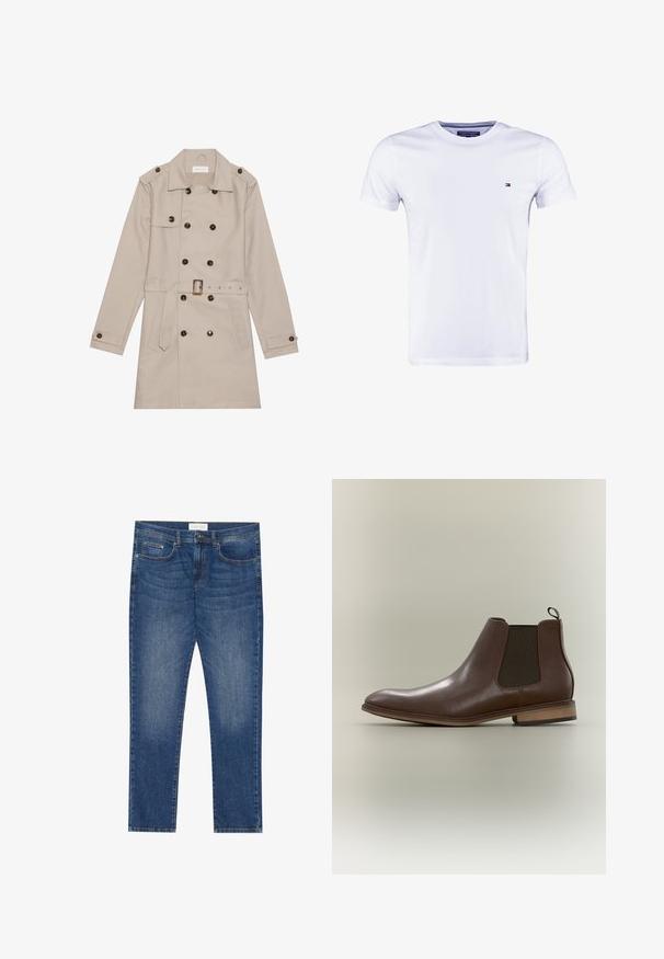 Beige trenchcoat met een dubbelzijdig ontwerp, grote donkere knopen, een ceintuur in de taille, schouderepauletten en twee vo zakken.; Tommy Hilfiger NEW STRETCH TEE C-NECK - T-shirt basic - classic white; Heren blauwe spijkerbroek met een rechte snit, vijf zakken, lichte vervagingsdetails en een standaard knoop- en ritsluiting.; Bruine leren Chelsea-laars met elastische zijpanelen, lage houten hak en trekkooitje op een neutrale lichte achtergrond.