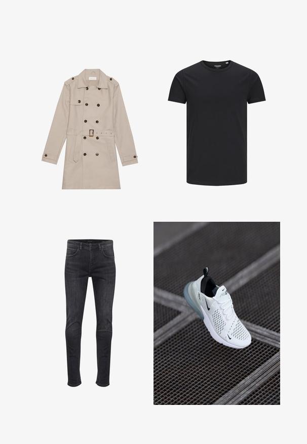 Beige Trenchcoat mit doppelreihigem Design, großen dunklen Knöpfen, tailliertem Gürtel, Schulterklappen und zwei vorderen Taschen.; Schwarzes Baumwoll-T-Shirt mit Rundhalsausschnitt, kurzen Ärmeln und schlichtem Design. Glatte Textur, keine Muster oder sichtbare Beschläge.; Hoch sitzende Skinny-Jeans aus dunkelgrauem Denim, mit seitlichen und hinteren Taschen, einem vorderen Knopfverschluss und dezenten Ausbleichdetails.; Weißer Sportschuh mit perforiertem Mesh-Obermaterial, schwarzen Akzenten, sichtbaren Schnürsenkeln und einer durchsichtigen Luftpolstersohle.