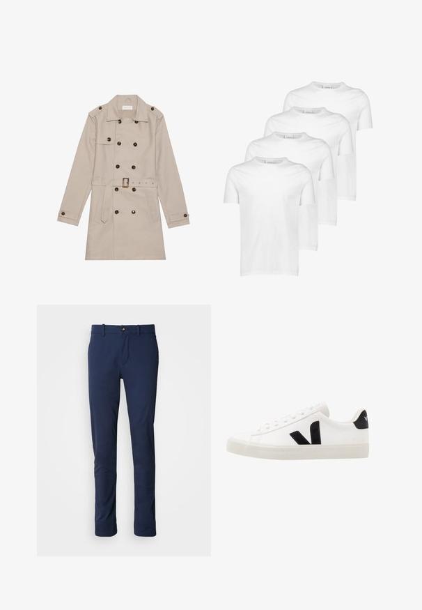 Trench beige con diseño de doble botón, grandes botones oscuros, cintura ceñida con cinturón, hombreras y dos bolsillos frontales.; Camisetas de algodón blancas, de manga corta, con cuello redondo, textura suave, cuatro piezas apiladas con diseño consistente y sin patrones ni acentos.; Pantalones azul marino de tela suave, con un diseño de pierna recta, cierre de cremallera y un único bolsillo frontal con cierre de botón.; Zapatilla de cuero blanca con acentos de ante negro; presenta una suela de goma, puntera redonda y un diseño clásico de cordones. Logo lateral en negro.