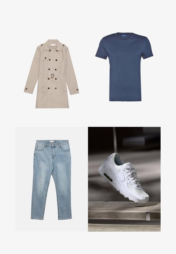 Beige Trenchcoat mit doppelreihigem Design, großen dunklen Knöpfen, tailliertem Gürtel, Schulterklappen und zwei vorderen Taschen.; Navyblaues Baumwoll-T-Shirt mit Rundhals, kurzen Ärmeln und einer glatten, einfarbigen Textur. Keine Muster oder sichtbaren Hardware-Details.; Hellblaue Denim-Jeans mit Frontknopf und Reißverschluss, Gürtelschlaufen und fünf Taschen, flach auf weißem Hintergrund liegend.; Weiße Nike Air Max 90 Sneaker mit einem Obermaterial aus Mesh und Leder, durchlässigem Zehenbereich und einer sichtbaren Air-Einheit in der Ferse.