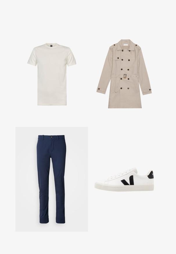 Trench beige con diseño de doble botón, grandes botones oscuros, cintura ceñida con cinturón, hombreras y dos bolsillos frontales.; Camiseta de cuello redondo de manga corta en algodón color blanco roto. Presenta una textura suave, un ajuste estándar y un diseño minimalista sin estampados.; Pantalones azul marino de tela suave, con un diseño de pierna recta, cierre de cremallera y un único bolsillo frontal con cierre de botón.; Zapatilla de cuero blanca con acentos de ante negro; presenta una suela de goma, puntera redonda y un diseño clásico de cordones. Logo lateral en negro.