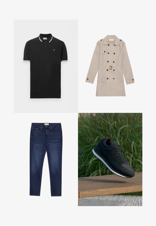 Beige trench coat with double-breasted design, large dark buttons, belted waist, shoulder epaulets, and two frontal pockets.; Black short-sleeve polo shirt with white trim on collar and sleeves, two-button placket, and small gray bird logo on left chest.; Dark blue slim-fit jeans with five pockets, button closure, and contrast stitching, labeled Pier One on the waistband.; Black athletic shoe with textured upper, lace-up design, and contrasting white midsole; displayed mid-air above a wooden surface.