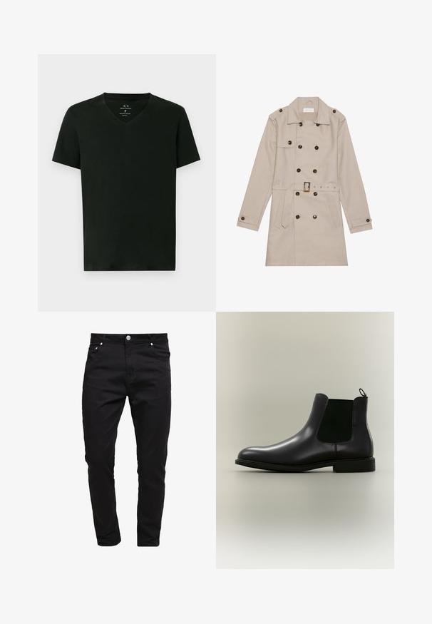 Manteau beige à double boutonnage, grandes boutons foncés, taille ceinturée, épaulettes et deux poches frontales.; T-shirt en coton noir pour homme d'Armani Exchange avec des manches courtes et un col en V, taille moyenne, présenté à plat sur fond blanc.; Jean noir en tissu denim, design slim fit, style à cinq poches, fermeture à bouton métallique, avec des détails de couture et une texture lisse.; Botte Chelsea en cuir noir avec panneaux latéraux élastiques et languette sur un fond neutre, vue de profil latéral.