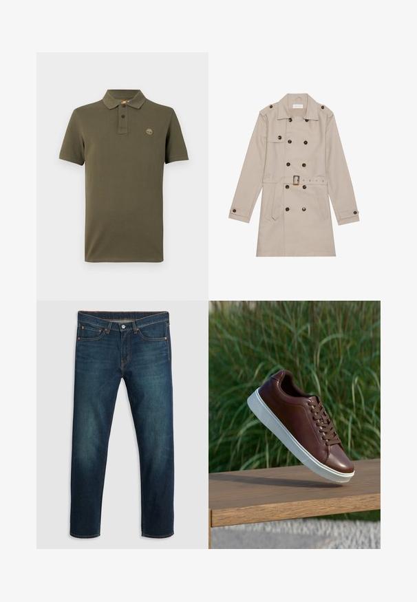 Trench beige con diseño de doble botón, grandes botones oscuros, cintura ceñida con cinturón, hombreras y dos bolsillos frontales.; Polo de color verde oliva, hecho de algodón, con cuello, tapeta de dos botones y un pequeño logo bordado en el pecho. Mangas cortas.; Jeans de mezclilla azul oscuro con pierna recta, cinco bolsillos, costuras de cobre y un logo en la parte posterior de la cinturilla. Textura suave y ajuste clásico.; Zapatilla de cuero marrón con suela de goma blanca, diseño de cordones, textura suave, punta redondeada y detalles de costura sutiles.