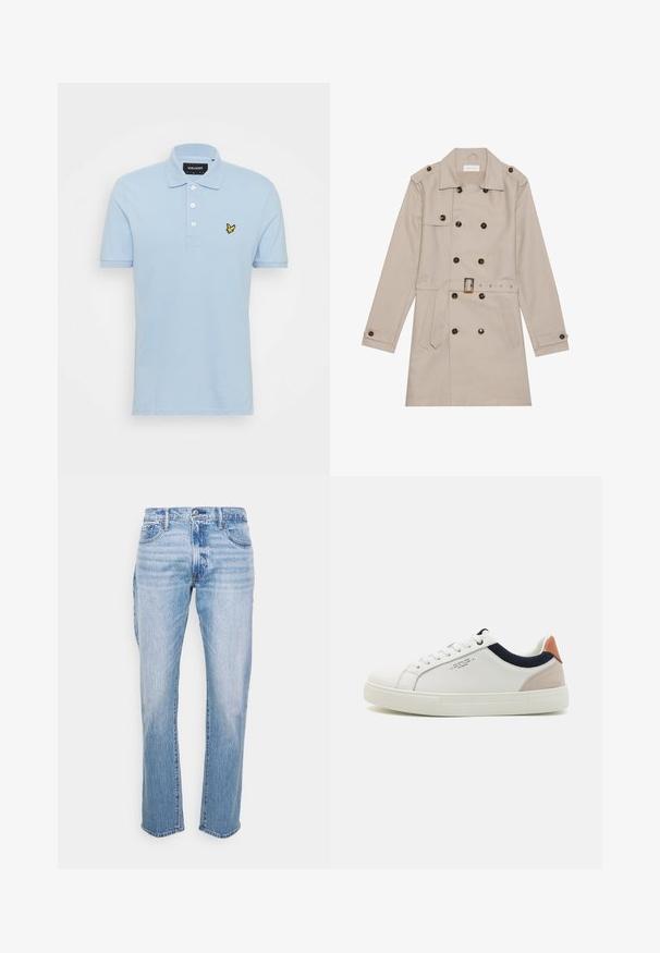 Beige trenchcoat med dobbelt række, store mørke knapper, talje med bælte, skulderlapper og to frontlommer.; Lyseblå polo skjorte lavet af bomuld med en tre-knaps lukning, korte ærmer og et lille gult broderet logo på brystet.; Lyseblå denimjeans med straight leg pasform, fem lommer og knaplukning. Har slidte og let distressed områder.; Hvide lædersneakers med low-top design, marineblå stofdetalje på kraven og en lys lyserød suede hælflap. Gummisål.