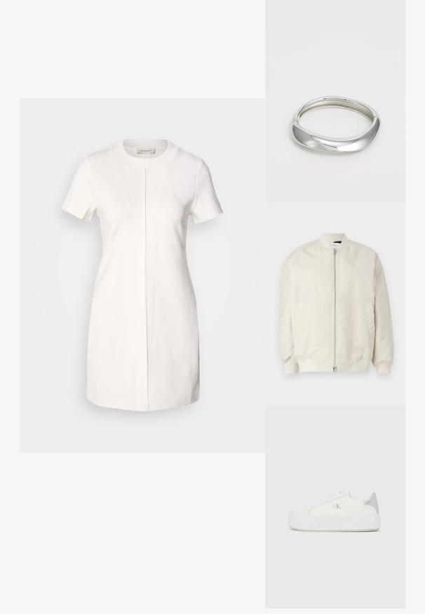 Bledobéžová bomber bunda vyrobená z hladkej, ľahkej tkaniny. Obsahuje predný zips, rebrované manžety a bočné vrecká. Jednoduchý dizajn.; Calvin Klein Jeans MILANO T SHIRT DRESS - Džersejové šaty - tofu; Biele plátené tenisky s hrubou bielou podrážkou, so strieborným kovovým akcentom na päte a jemným logom na boku.; Strieborný kovový náramok s hladkým, zakriveným dizajnom. Leštený povrch a zaoblené okraje vytvárajú bezšvíkový vzhľad.