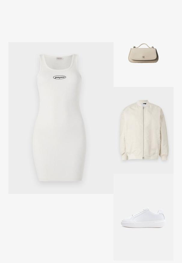 Hellbeige Bomberjacke aus glattem, leichtem Stoff. Mit einem Vorderreißverschluss, gerippten Bündchen und Seitentaschen. Einfaches Design.; Weißes, geripptes Bodycon-Kleid mit Rundhalsausschnitt und dünnen Trägern, auf der Vorderseite mit einem schwarzen, gestickten "guess.jeans"-Logo.; Weißer Sneaker mit niedrigem Schaft, Schnürverschluss, dicker Sohle und glattem Obermaterial, von der Außenseite vor einem einfarbigen hellen Hintergrund gezeigt.; Kleine beigefarbene Lederhandtasche mit oberem Griff und silbernem CK-Logo auf der Frontklappe, vor weißem Hintergrund dargestellt.