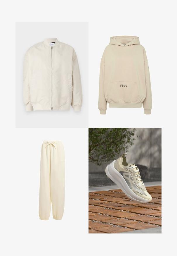 Lys beige bomberjakke lavet af glat, letvægtsstof. Har en frontlynlås, ribbede manchetter og sidelommer. Simpelt design.; Beige hættetrøje med en forlomme, ribbede manchetter og snøre i hætten. "PECADOR PGDR" tekst trykt på lommedelen.; Beige, løstsiddende sweatpants lavet af blødt materiale. Har en elastisk talje med snoretræk og elastiske manchetter ved anklerne.; Beige og hvid Calvin Klein-sneaker svæver over trægulv udendørs med grønt løv og væg i blød fokus i baggrunden.