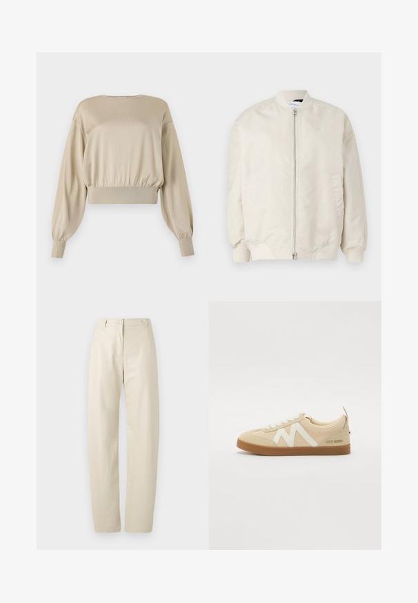 Lys beige bomberjakke lavet af glat, letvægtsstof. Har en frontlynlås, ribbede manchetter og sidelommer. Simpelt design.; Beige cropped sweatshirt med lange, ballonærmer; glat tekstur; ribbet nederkant og cuffs; minimalistisk design, rund hals.; Beige lige bukser med knap- og lynlåslukning, bæltestropper og sidelommer på en ensfarvet hvid baggrund.; Beige sneakers med en tekstureret strikoverdel, hvide gummi detaljer og en brun gummisål. Har snørebåndsdesign og branding på hælen.