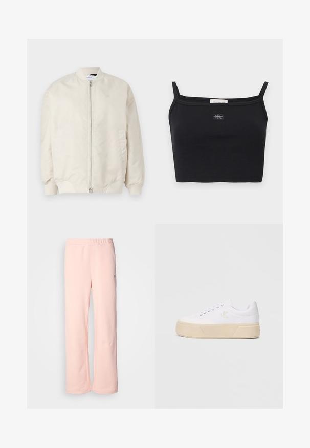 Chaqueta bomber beige claro hecha de tela suave y ligera. Presenta un cierre frontal, puños de canalé y bolsillos laterales. Diseño sencillo.; Top corto negro acanalado con tirantes delgados y un pequeño parche con el logo de Calvin Klein centrado en el pecho.; Pantalones de chándal de algodón rosa con un diseño de pierna ancha, cinturilla elástica y detalles de costura mínimos. Presenta una pequeña etiqueta de logo en el costado.; Zapatillas de lona blancas con una suela de plataforma gruesa en color beige, con un sutil logo bordado en el costado y un diseño clásico de cordones.