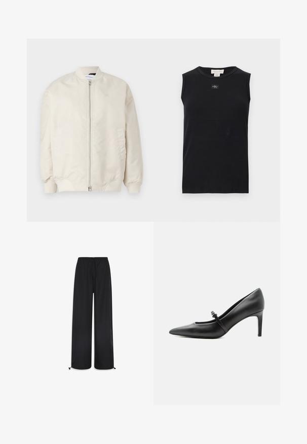 Veste bomber beige clair en tissu léger et lisse. Elle possède une fermeture éclair à l'avant, des poignets côtelés et des poches latérales. Design simple.; Débardeur côtelé noir sans manches avec encolure ronde et petite écusson du logo Calvin Klein centré sous le col.; Pantalons larges noirs en tissu léger. Ils sont dotés d'une taille élastique avec un cordon de serrage et des poignets réglables à l'ourlet.; Escarpin noir en cuir à bout pointu avec une fine bride et une boucle sur le cou-de-pied, posé sur un fond clair neutre.