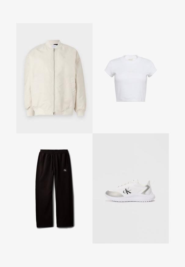 Vaaleanbeige bomber-takki, joka on valmistettu sileästä ja kevyestä kankaasta. Varustettu edessä olevalla vetoketjulla, ribbikuvioiduilla hihansuilla ja sivutaskuilla. Yksinkertainen muotoilu.; Valkoinen lyhyt ja vartalonmyötäinen t-paita, jossa on ribbikuosi. Paidassa on pyöreä pääntie ja hillitty vaalea "Calvin Klein" -logo edessä.; Mustat leveälahkeiset housut, joissa on joustava vyötärönauha ja sivutaskut, ja oikeassa reidessä pieni Calvin Klein -logopläkki.; Valkoiset urheilukengät, joissa on hopeinen yksityiskohta, sileä pinta ja kumipohja. Sivussa ja nauhoissa on näyttävä musta logo.