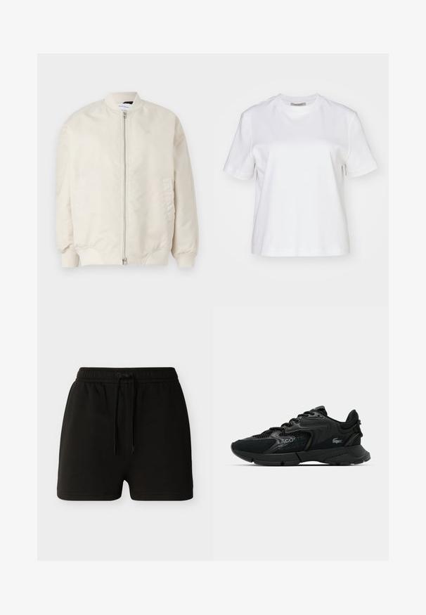Lichtbeige bomberjack gemaakt van glad, lichtgewicht stof. Voorzien van een ritssluiting aan de voorkant, geribde manchetten en zijzakken. Eenvoudig ontwerp.; AllSaints LISA TEE - T-shirt basic - white; Zwarte korte broek met elastische taille, vooraan een trekkoord, effen ontwerp en rechte zoom, afgebeeld tegen een effen lichte achtergrond.; Zwarte sportieve sneaker van mesh en synthetische materialen, met textuuraccenten, vetersluiting en een opvallend logo op de zijkant.