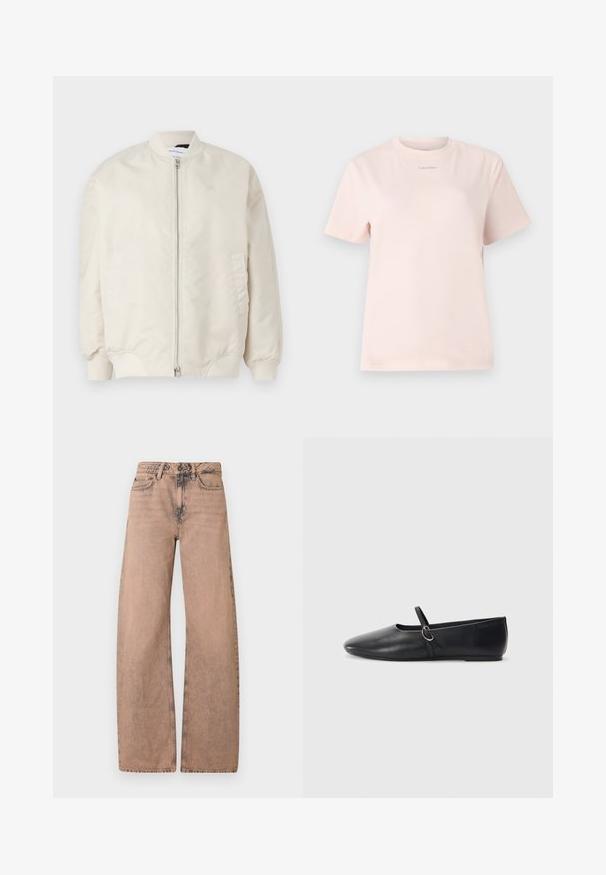 Chaqueta bomber beige claro hecha de tela suave y ligera. Presenta un cierre frontal, puños de canalé y bolsillos laterales. Diseño sencillo.; Camiseta de algodón rosa claro con cuello redondo, mangas cortas y un pequeño logo de "Calvin Klein" impreso en un color a juego en el pecho.; Jeans de pernera ancha color marrón claro, hechos de denim, con una cinturilla clásica, diseño de cinco bolsillos y textura deslavada.; Bailarinas de cuero negro con punta afilada, suela plana y una pequeña correa con detalle de hebilla plateada.