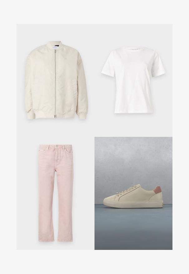 Lys beige bomberjakke lavet af glat, letvægtsstof. Har en frontlynlås, ribbede manchetter og sidelommer. Simpelt design.; Hvid bomulds t-shirt med korte ærmer, rund halsudskæring og en afslappet pasform. Glat tekstur, ingen mønstre eller accenter, minimalistisk design.; Lys rosa denimjeans med lige pasform, fem lommer og lynlås. Har sy detaljer og hardware i sølvfarve.; Sneaker i cremefarve med pink hælfanebånd, beige snørebånd og glat overdel, ophængt over et trægulv med grusfyldte fuger udendørs.