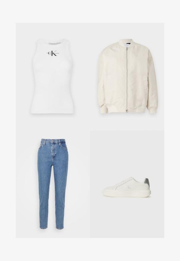 Chaqueta bomber beige claro hecha de tela suave y ligera. Presenta un cierre frontal, puños de canalé y bolsillos laterales. Diseño sencillo.; Top de tirantes de algodón blanco con textura acanalada y escote redondo, que presenta un logo negro "CK" en el centro y texto de la marca debajo.; Jeans de tiro alto rectos de color azul con botón frontal y cremallera, trabillas para cinturón y bolsillos, exhibidos sobre un fondo blanco liso.; Zapatilla blanca de cuero con textura suave, que presenta un acento plateado en el talón, suela plana y un diseño minimalista.