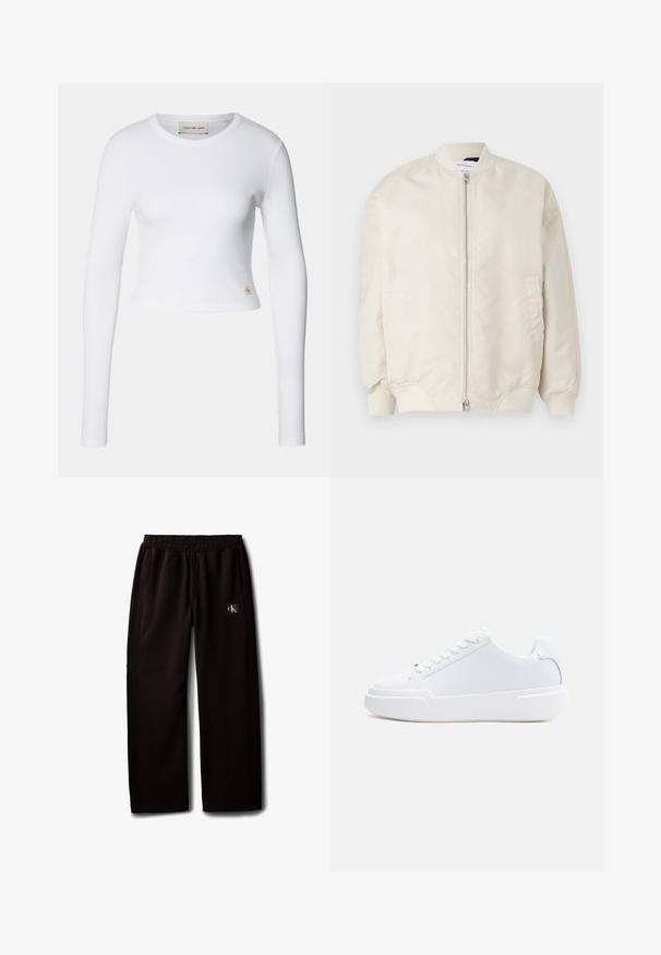 Chaqueta bomber beige claro hecha de tela suave y ligera. Presenta un cierre frontal, puños de canalé y bolsillos laterales. Diseño sencillo.; Top corto de manga larga blanco hecho de tela acanalada. Presenta un escote redondo y una pequeña etiqueta de logo en la parte inferior izquierda.; Pantalones negros de pierna ancha con cintura elástica y bolsillos laterales, con un pequeño parche con el logo de Calvin Klein en el muslo derecho.; Zapatilla blanca de corte bajo con cierre de cordones, suela gruesa y parte superior lisa, mostrada desde el lado exterior sobre un fondo claro y sencillo.