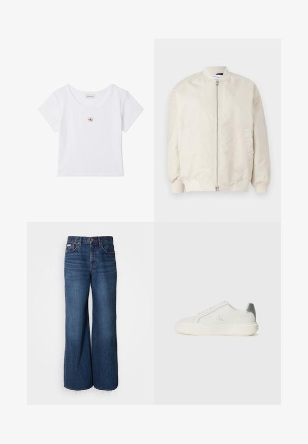 Lys beige bomberjakke lavet af glat, letvægtsstof. Har en frontlynlås, ribbede manchetter og sidelommer. Simpelt design.; Hvid cropped t-shirt med korte ærmer, rund halsudskæring og lille firkantet Calvin Klein Jeans-logo på midten foran.; Bredde jeans lavet af mørkeblåt denim. Funktioner inkluderer en høj talje, fem lommer og kontrasterende orange syninger langs sømmene.; Hvide sneakers lavet af læder med en glat tekstur, forsynet med en sølvaccent på hælen, flad sål og minimalistisk design.