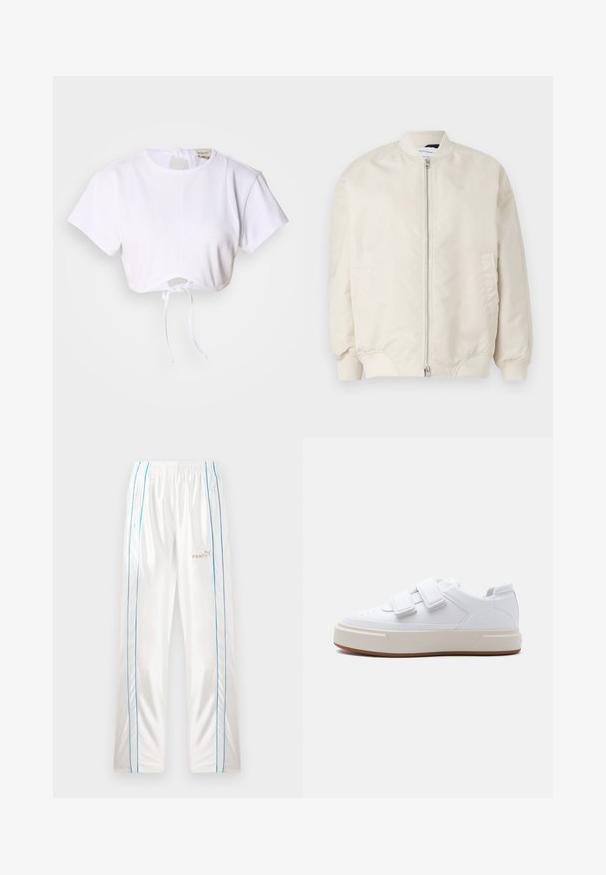 Lys beige bomberjakke lavet af glat, letvægtsstof. Har en frontlynlås, ribbede manchetter og sidelommer. Simpelt design.; Hvid cropped t-shirt lavet af glat stof. Den har en rund halsudskæring, korte ærmer og en justerbar snoretræk i bunden.; Hvide trackbukser med elastisk talje, blå sidestropper, lynlås-lommer og beige "Fenty" og Puma logoer på højre forben.; Hvid sneaker med to brede velcroremme, beige tyk sål og subtilt CK-logo på siden, vist i venstre profil.
