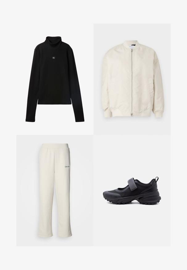Lys beige bomberjakke lavet af glat, letvægtsstof. Har en frontlynlås, ribbede manchetter og sidelommer. Simpelt design.; Sort ribstrikket bluse med lange ærmer og lille firkantet Calvin Klein-logo placeret centralt på brystet.; Calvin Klein cremefarvet sweatpants med løs pasform, elastisk talje og lille grøn logo på venstre side. Blød, glat tekstur.; Sort atletiksko med robust sål, justerbar rem over toppen og trække-øje ved hælen, vist i sideprofil mod hvid baggrund.