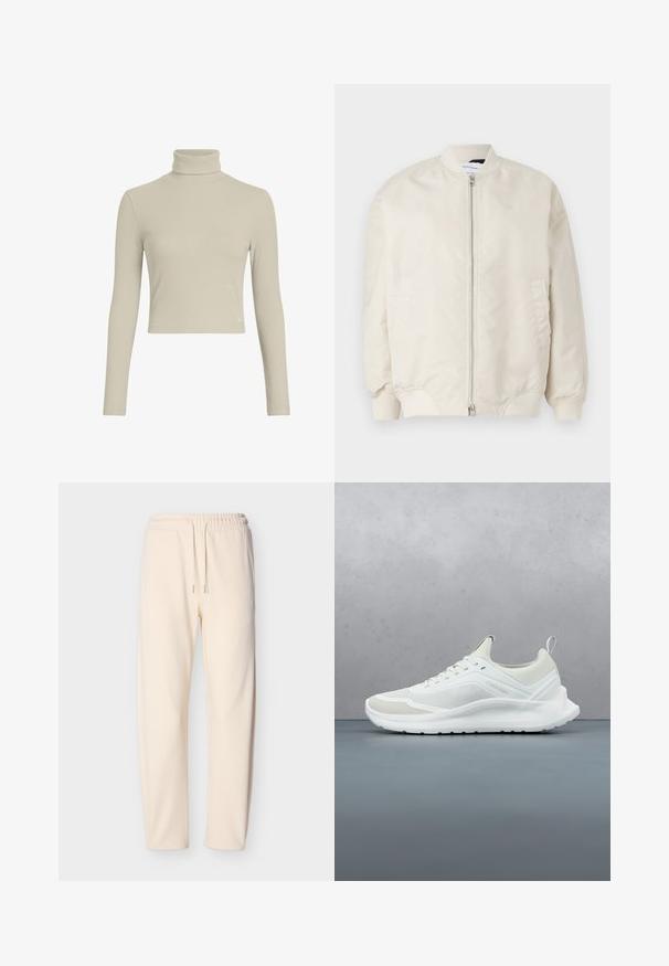 Lys beige bomberjakke lavet af glat, letvægtsstof. Har en frontlynlås, ribbede manchetter og sidelommer. Simpelt design.; Lys beige ribbet turtleneck langærmet top med et tætsiddende design og høj hals. Har en subtil logo-tag i kanten. Glat tekstur.; Svedbukser i cremefarve lavet af blødt stof, med elastisk talje med snore og smalle ben. Ingen synlige mønstre eller detaljer.; Hvid Calvin Klein-sneaker med mesh og glatte teksturer, der svæver over et trægulv udendørs nær grønne planter og en betonvæg.