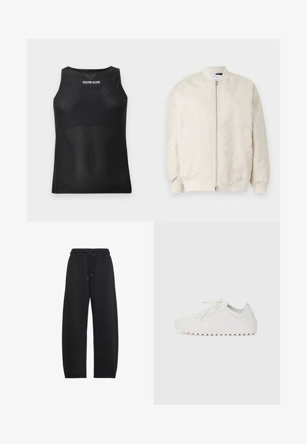 Veste bomber beige clair en tissu léger et lisse. Elle possède une fermeture éclair à l'avant, des poignets côtelés et des poches latérales. Design simple.; Débardeur noir sans manches en mesh avec le logo blanc "Calvin Klein" centré en haut de la poitrine.; Pantalon de survêtement noir à coupe ample avec ceinture élastique et cordon de serrage, conçu pour un usage décontracté ou sportif.; Baskets blanches avec une tige texturée, des lacets plats et une semelle en caoutchouc striée. Présente un logo subtil embossé sur le côté.