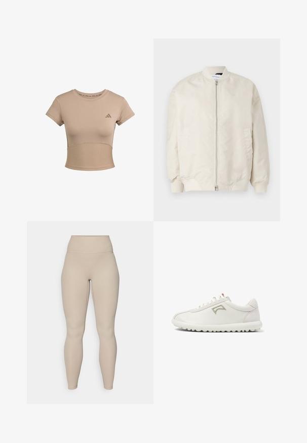 Lys beige bomberjakke lavet af glat, letvægtsstof. Har en frontlynlås, ribbede manchetter og sidelommer. Simpelt design.; Beige sports cropped t-shirt med korte ærmer, ribbet nederste del og subtilt logo på brystet. Glat tekstur, tætsiddende design.; Beige høj talje leggings med ribbet tekstur, der har en glat talje og tætsiddende ben, designet til komfort og fleksibilitet.; Hvide lædersneakers med en lys grå ruskindsaccent, der har en rund tå, snørebåndsdesign og en tekstureret gummisål.