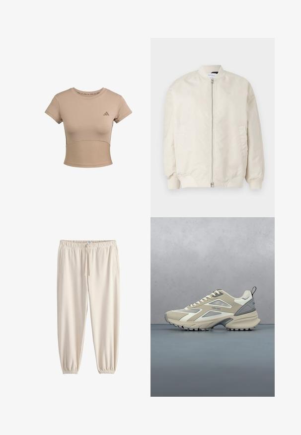 Lys beige bomberjakke lavet af glat, letvægtsstof. Har en frontlynlås, ribbede manchetter og sidelommer. Simpelt design.; Beige sports cropped t-shirt med korte ærmer, ribbet nederste del og subtilt logo på brystet. Glat tekstur, tætsiddende design.; Joggingbukser i cremefarve lavet af blødt stof, med elastisk talje, snørre og tilspidsede manchetter. Har sidelommer.; Beige og grå atletisk sko med tekstureret sål, snørebånd og Calvin Klein-logo, placeret over en træ- og grusflisebelagt overflade udendørs.