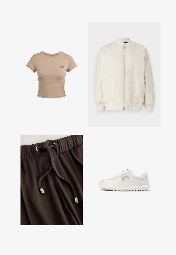 Chaqueta bomber beige claro hecha de tela suave y ligera. Presenta un cierre frontal, puños de canalé y bolsillos laterales. Diseño sencillo.; Camiseta deportiva recortada en color beige con mangas cortas, sección inferior acanalada y logo sutil en el pecho. Textura suave, diseño ajustado.; Shorts de cintura elástica marrón con un cordón con puntas de metal dorado, textura suave y tela lisa.; Zapatillas blancas de cuero con un acento de gamuza gris claro, con punta redondeada, diseño de cordones y suela de goma texturizada.