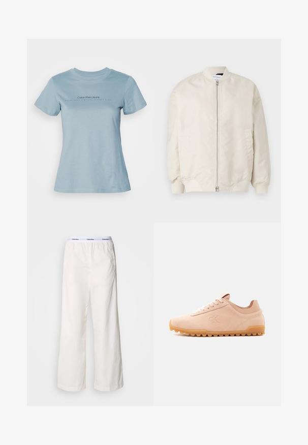 Lys beige bomberjakke lavet af glat, letvægtsstof. Har en frontlynlås, ribbede manchetter og sidelommer. Simpelt design.; Lyseblå bomuld t-shirt med rund hals, korte ærmer og sort tekst "Calvin Klein Jeans" med "ETABLERET NITTEEN HUNDREDE OG OTTE" nedenunder.; Hvide brede bukser med elastisk talje og et kontrasterende Calvin Klein-logo. Fremstillet af glat stof, giver de en afslappet pasform.; Lyse beige ruskindssneaker med gummisål og hvide snørebånd, med præget "cK"-logo på siden.