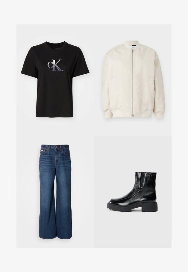 Lys beige bomberjakke lavet af glat, letvægtsstof. Har en frontlynlås, ribbede manchetter og sidelommer. Simpelt design.; Sort bomulds T-shirt med rund hals. Har et sølv broderet "cK" logo og teksten "Calvin Klein Jeans" under logoet. Korte ærmer.; Bredde jeans lavet af mørkeblåt denim. Funktioner inkluderer en høj talje, fem lommer og kontrasterende orange syninger langs sømmene.; Sorte ankelstøvler med en blank patentlæderfinish, chunky sort gummisål og hævet hæl; inkluderer subtilt logodetalje på siden.