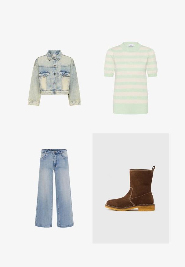 Lyseblå cropped denimjakke med knaplukning foran, spids krave, lange ærmer og to brystlommer med knaplukning.; Kortærmet sweater med lysegrønne og hvide vandrette striber, rund hals og let puffede ærmer.; Lyseblå brede jeans med høj talje, fem lommer og kontrastsyninger. Fremstillet af denim med en glat tekstur.; Brun ankelstøvle i ruskind med rundet tå, gul gummisål og kontrastfuld hvid syning. Har en trækkedylle bagpå.