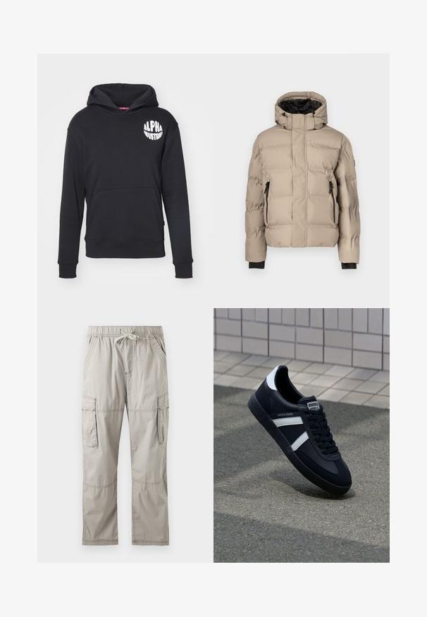 Beige Steppjacke mit hohem Kragen, schwarzem Innenfutter, zwei Reißverschlusstaschen und gestepptem Muster zur Isolierung. Kein sichtbares Branding.; Schwarzer Hoodie aus Baumwollmischgewebe. Mit einer vorderen Kängurutasche, weißem Logo auf der linken Brust und gerippten Bündchen und Saum.; Hellgraue Cargohosen mit elastischem Bund, Kordelzug, Seitentaschen und Klappentaschen an den Oberschenkeln, flach auf weißem Hintergrund liegend.; Schwarze Leder-Sneaker mit weißen Streifen, strukturiertem Gummisohle und Schnürung. Verfügt über ein Markenetikett auf der Zunge.