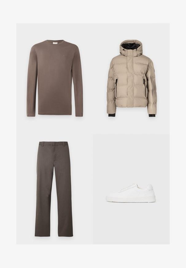 Chaqueta acolchada beige con cuello alto, interior negro, dos bolsillos con cremallera y textura acolchada para aislamiento. Sin marcas visibles.; Camiseta de algodón marrón de manga larga con cuello redondo; presenta un pequeño logo en el pecho y una textura suave y ligera.; Pantalones de algodón marrón con diseño de pierna recta, con trabillas para cinturón y textura suave. Sin patrones visibles ni detalles de herrajes.; Zapatilla blanca con parte superior de cuero suave, puntera redondeada, cordones, acentos laterales texturizados y suela de goma gruesa. Diseño minimalista.