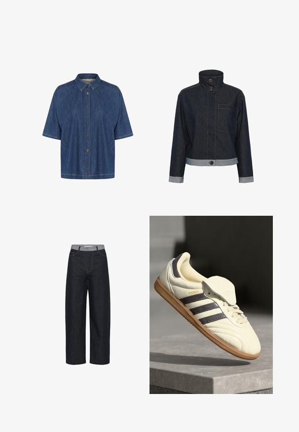 Dunkle Jeansjacke mit hohem Kragen, zwei schwarzen Knöpfen, einer Brusttasche und hellem Jeansbesatz an Manschetten und Saum.; Kurzarm-Jeanshemd in Dunkelblau, mit spitzem Kragen und durchgehender Knopfleiste; weicher Stoff mit sichtbaren Nähten.; Dunkelblaue, weit geschnittene Jeans mit hellgrauem Bund und vorderen Taschen, vor weißem Hintergrund dargestellt.; Cremfarbene Ledersneaker mit drei dunklen Streifen, einer braunen Gummisohle und einer abgerundeten Zehenpartie. Hat eine faltbare Zunge, die mit "SAMBA" beschriftet ist.