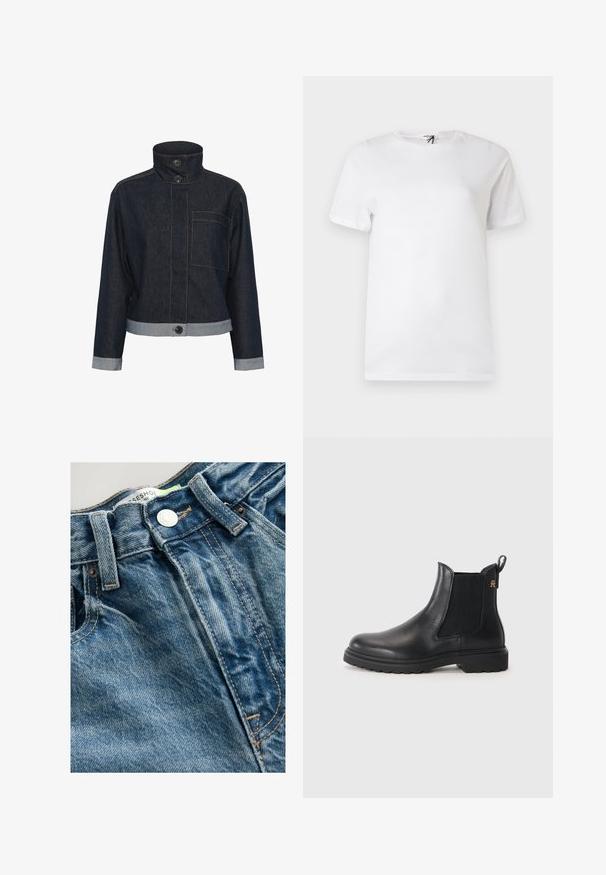 Donkere denimjas met hoge kraag, twee zwarte knopen, een borstzak en een lichte denimrand aan manchetten en zoom.; Effen wit katoenen T-shirt met korte mouwen en een ronde hals, voorzien van een klein subtiel logo vlak bij de borst en een label bij de kraag.; Denim jeans hebben een lichtblauwe kleur met whiskering details. De tailleband heeft een metalen knoop en zichtbare stiksels langs de naden.; Zwarte leren Chelsea-boots met elastische zijpanelen, ronde neus en een gestructureerde rubberen zool. Gouden logo-accent aan de zijkant.