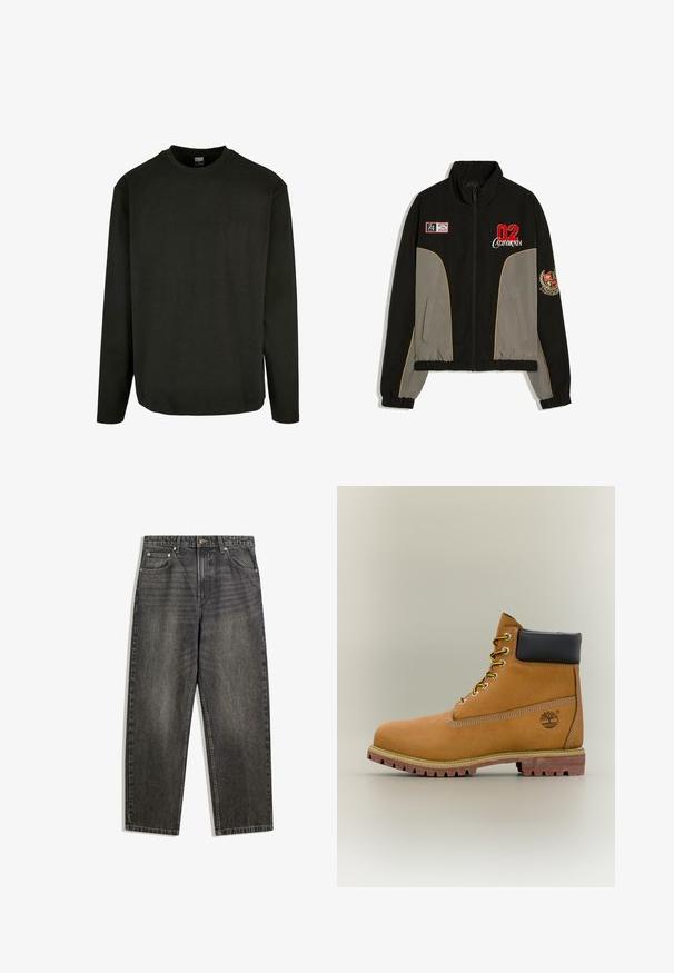 Zwart-grijze ritssluitingjas met elastische manchetten, rode "02 California" patch op de borst en wapenembleem op de rechtermouw.; Zwarte lange mouwen T-shirt van katoen, met een ronde hals en een rechte zoom. Minimalistisch ontwerp zonder patronen of accenten.; Zwarte denim jeans met een relaxte pasvorm, voorzien van vijf zakken, een knoopsluiting en subtiele vervaging in de stoftextuur.; Bruine leren enkellaars met zwarte kraag, gele veters en een zandkleurige zool. Voorzien van een logo en witte stikseldetails. Robuuste loopzool met grip.