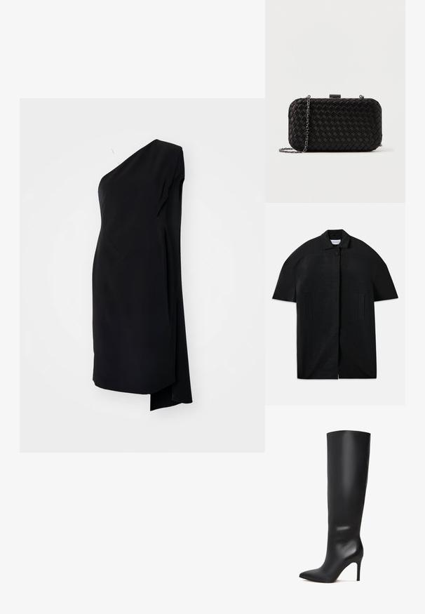 Schwarzer Kurzarmmantel mit gerippter Textur, verstecktem Frontverschluss, Kragen, zwei vertikalen Schlitztaschen und einem einzelnen sichtbaren Knopf am Kragen.; Schwarzes asymmetrisches Kleid mit einem Schulterträger, aus glattem Stoff, mit drapierter Gestaltung und seitlichem Schlitz für zusätzliche Details.; Schwarze kniehohe Stöckelschuhstiefel aus Leder mit spitzer Zehenform und glänzender, glatter Oberfläche. Verfügt über einen hohen, schlanken Absatz für eine verlängerte Silhouette.; Schwarze gewebte Clutch in rechteckiger Form, mit Kettenriemen, strukturiertem Oberfläche und metallic Verschluss.