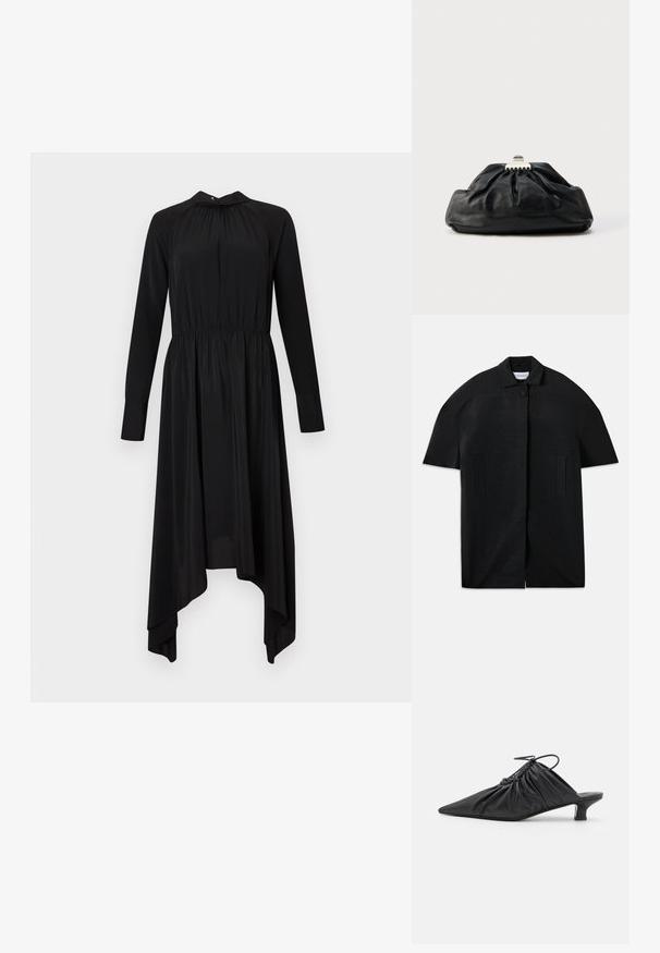 Schwarzer Kurzarmmantel mit gerippter Textur, verstecktem Frontverschluss, Kragen, zwei vertikalen Schlitztaschen und einem einzelnen sichtbaren Knopf am Kragen.; Schwarzes Kleid mit langen Ärmeln, gerafftem Rundhalsausschnitt und asymmetrischem Saum. Hergestellt aus glattem Stoff mit flexiblem Bund und fließender Silhouette.; Schwarze Leder-Mules zum Hineinschlüpfen mit spitzer Zehe, geraffter Textur und kleinem Kitten-Heel. Verfügt über ein Zugbanddetail am Öffnung.; Schwarze Leder-Clutch mit geraffter Textur, Metallverschluss und dezentem, auf der Vorderseite geprägtem Logo. Abgerundete Form.