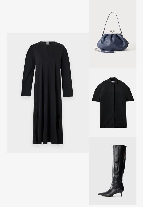 Manteau noir à manches courtes avec texture côtelée, fermeture frontale cachée, col, deux poches verticales fendues et un seul bouton visible au col.; Robe noire à manches longues avec un décolleté en V, fabriquée en tissu lisse. Présente des fentes sur les côtés, une coupe décontractée et un design d'épaule sans couture.; Botte en cuir noir hautes jusqu'au genou avec un bout pointu et un talon fin et courbé. Texture lisse, design ajusté, sans matériel ni motifs visibles.; Sac à main en cuir bleu marine doux avec fermeture à boucle argentée, une seule bandoulière, et une chaîne de poignet amovible sur fond blanc.